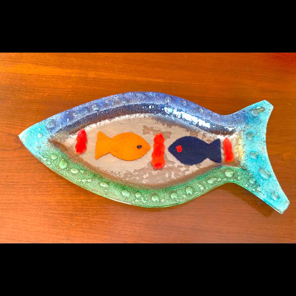 Handpainted colorful art glass serving plate fish shaped